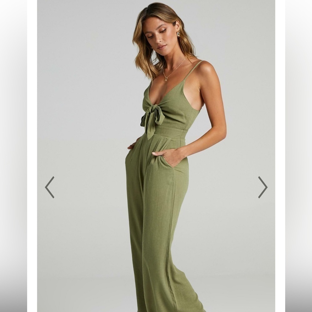 Showpo Wide Leg Spaghetti Strap Linen Blend Green Jumpsuit Size 4 with Pockets